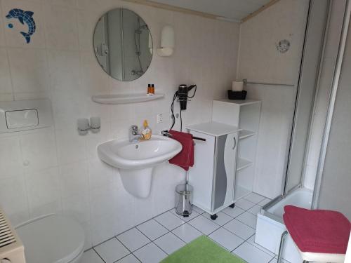 a white bathroom with a sink and a mirror at Ferienwohnung Lanzinger inkl. Chiemgaukarte in Ruhpolding