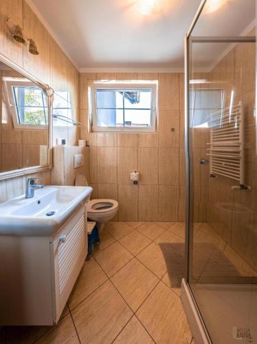 a bathroom with a toilet and a sink and a shower at Willa Anna in Jastarnia