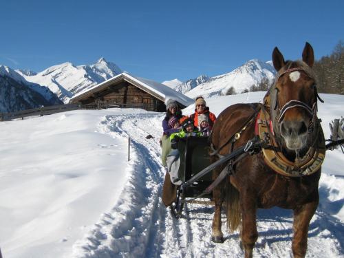 a horse drawn carriage with people in the snow at Almhütte Adlerhorst in Heiligenblut
