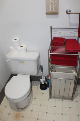 a bathroom with a toilet and a rack of towels at K5 2nd Floor Studio Near MTU, Keweenaw, Great Rates