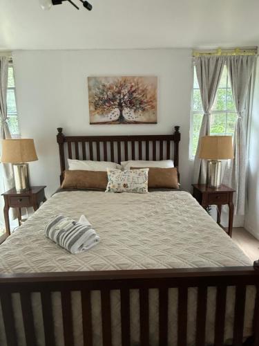 a large bed in a bedroom with two lamps at Crema queen in Decatur