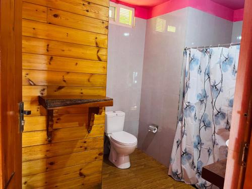 a bathroom with a toilet and a wooden wall at Sincere Wilderness Home stay in Nuwara Eliya