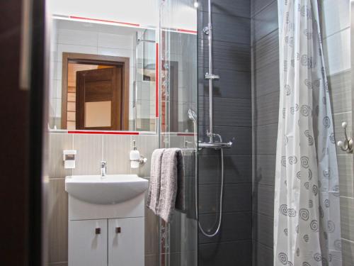 a bathroom with a sink and a shower at Holiday homes with fireplaces, playground in Lubrza