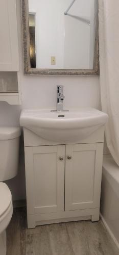 a bathroom with a white sink and a mirror at Neepawa Motel in Neepawa