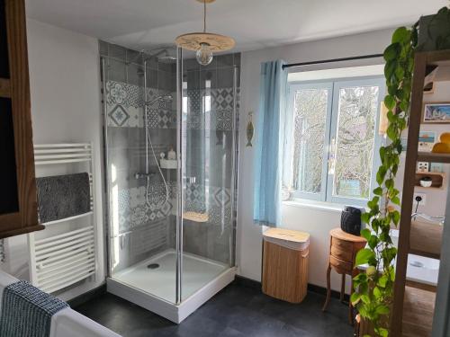 a shower with a glass enclosure in a bathroom at Le cottage de Cassandre in Sebourg