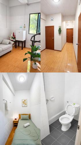 a bathroom and a living room with a toilet and a couch at Lawans Hostel in Pattaya South