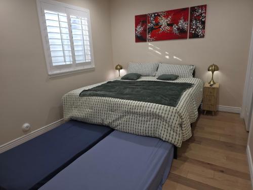ein Schlafzimmer mit einem Bett mit blauem Boden in der Unterkunft Private Basement 1mi UVU 3 Parking in Orem