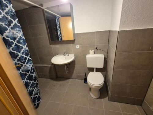 a small bathroom with a toilet and a sink at Ferien & Monteure Residence in Schauenburg