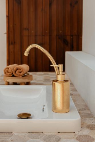 a bathroom sink with a gold faucet at Lodge des palmiers - jacuzzi in Salazie