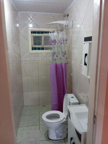 a small bathroom with a toilet and a sink at Ampla acomodação e com ótimo localização in Machadinho