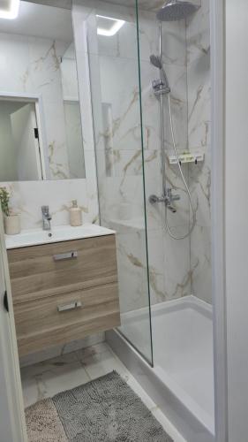 a bathroom with a shower and a sink at Vedo apartment 3 Тячів in Tyachiv
