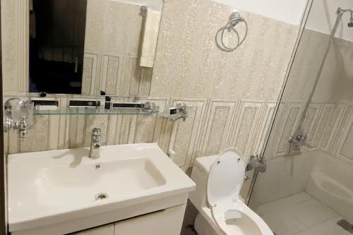 a bathroom with a sink and a toilet and a mirror at Peaceful Stay In Peshawar in Peshawar