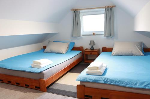 two twin beds in a room with a window at Bled Castle View Apartment Medina in Zgornje Gorje