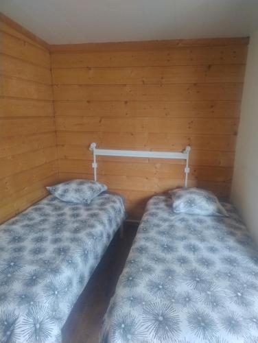 two beds in a room with wooden walls at Le petit chalet in Chanas