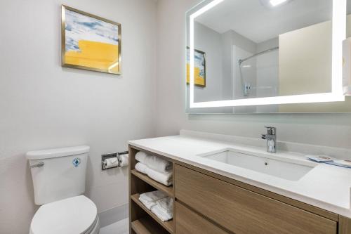 a bathroom with a sink and a toilet and a mirror at Comfort Inn Davenport East - Bettendorf in Davenport