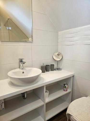 a white bathroom with a sink and a mirror at Balónový hotel a pivovar Radešín in Radešín