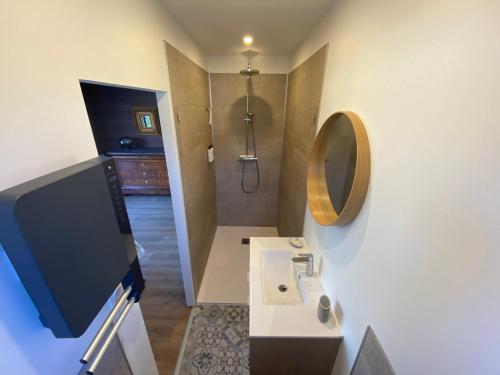 a bathroom with a sink and a shower at La Vieille Scierie in Basville