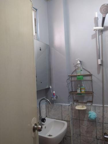 a small bathroom with a toilet and a shower at Satosa Beach Resort in San Joaquin