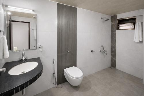 a bathroom with a sink and a toilet and a mirror at Hotel Ashoka Mountabu in Mount Ābu