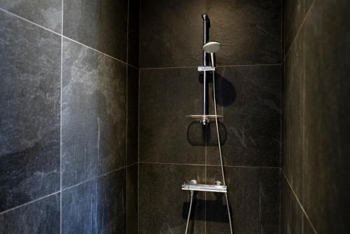a bathroom with a shower with black tiles at La Tour Grégoire in Clermont-Ferrand