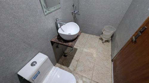 a bathroom with a white toilet and a sink at Hotel Kaushik Palace in Haridwār