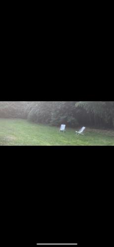 two photographs of a park with a bench in the grass at Maison charmante bordée de bambous in Auffargis