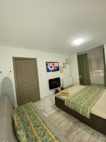 a bedroom with two beds and a flat screen tv at Lemora Apartments 1 in Focşani