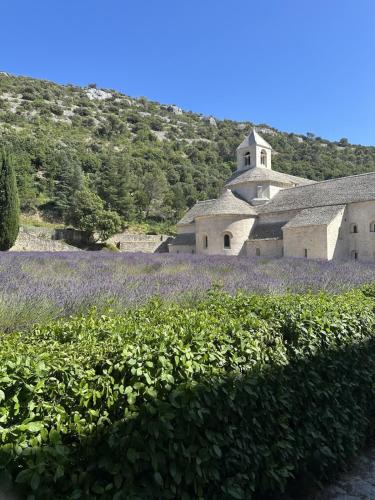 une église et un champ de lavande au pied d'une colline dans l'établissement Charming house, à Villes-sur-Auzon