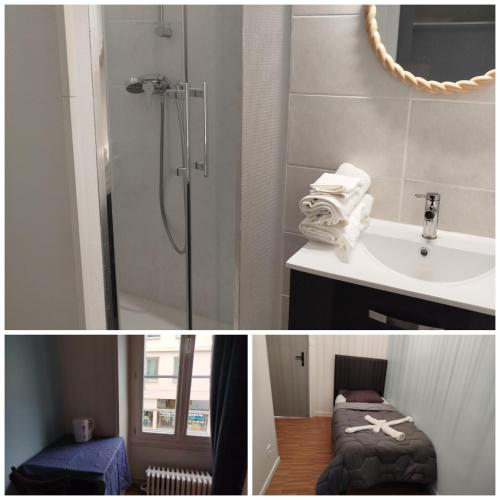 two pictures of a bathroom with a shower and a sink at Hôtel Du Mans in Angers