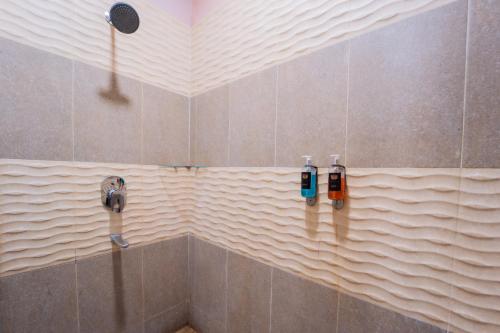 a bathroom with a shower with two soap bottles at Thar Exotica Hotel & Resort Bikaner in Bikaner