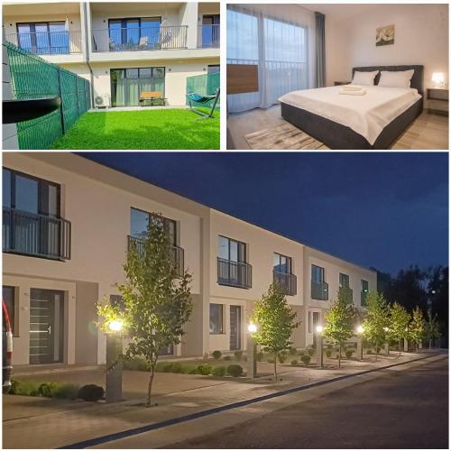 two pictures of a building with a bed and a street at CP Residence Apart in Braşov