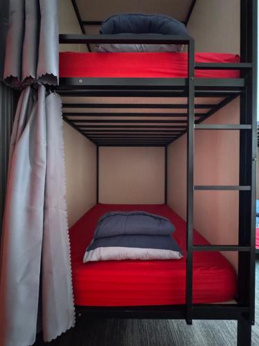 a bunk bed with a red bottom bunk at Haus Accommodation - note - Valid passport required to check-in in Perth