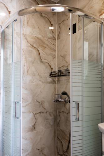 a bathroom with a shower with a glass door at Dimitra Beach Apartments 2 in Nea Karvali