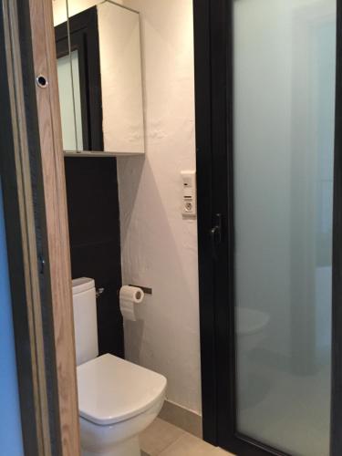 a bathroom with a toilet and a glass door at La Becada de las Landas in Seignosse