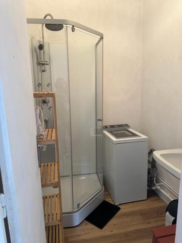 a shower in a bathroom with a toilet and a sink at Appartement 16 Colette in La Bourboule