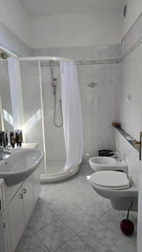 a bathroom with a shower and two sinks and a toilet at Terry House in Sirmione