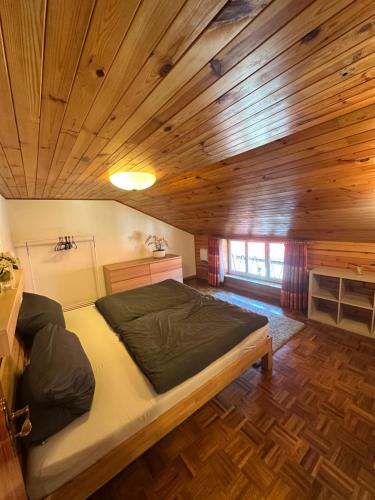 a bed in a room with a wooden ceiling at Ferienwohnung Marie in Kurort Steinbach-Hallenberg