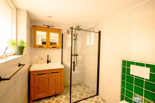 a bathroom with a shower and a sink and a toilet at Sauke Jaap in Buren