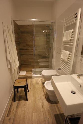 a bathroom with a toilet and a sink and a shower at AL 32 B&B in Massa Marittima