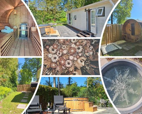 a collage of photos showing a house and a backyard at Stelle Maris Wellness, carefree enjoyment! Private Sauna & Hottub in Zeeland, Airco, Free Wifi and more! in Heinkensand