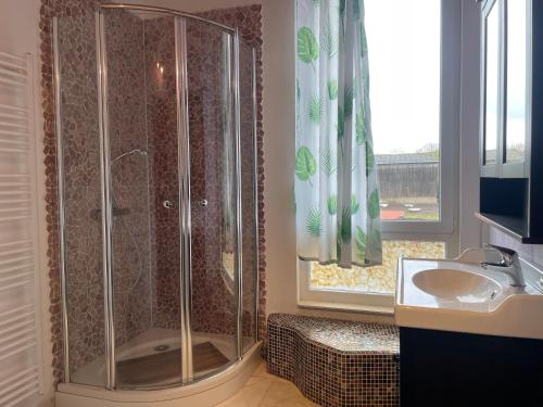 a bathroom with a shower and a sink at Pension Hammoor in Hammoor