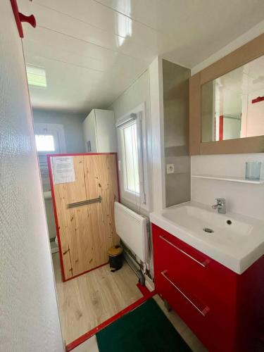 a bathroom with a sink and a wooden door at Gite Raphael in Bourbourg