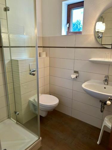 a bathroom with a toilet and a sink at Benz Café & Pension in Blankenburg