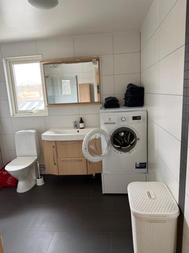 a small bathroom with a washing machine and a sink at Lägenhet 2 sovrum med vardagsrum och kök i villa med gemensam ingång in Stockholm