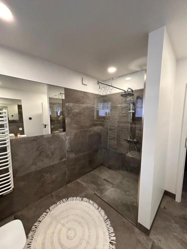 a large bathroom with a shower and a rug at Apartamenty na Rycerskiej in Czorsztyn