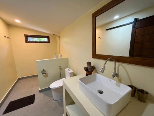 a bathroom with a sink and a toilet and a mirror at Kapal Dream Homestay in Selong Belanak