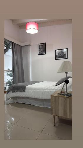 a bedroom with a bed and a table with a lamp at Monoambiente centrico-Paseo Plaza in Navarro
