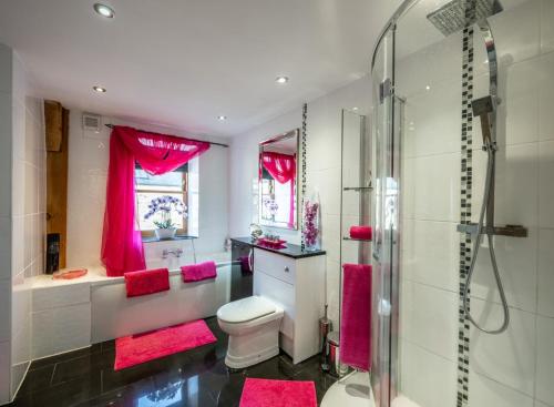 a bathroom with a toilet and a shower with pink towels at The Hideaway in Banchory
