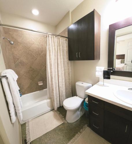 a bathroom with a toilet and a sink and a shower at Old Fort Loft King & Queen suites nearest accomodation to Marshals Museum power your EV for free! in Fort Smith