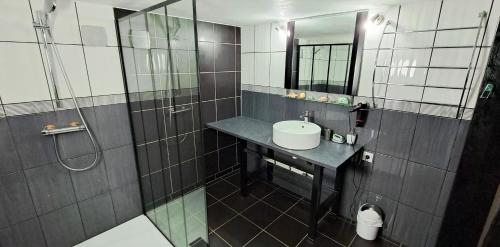 a bathroom with a sink and a shower at Le Chalet des Côtes in Cornimont